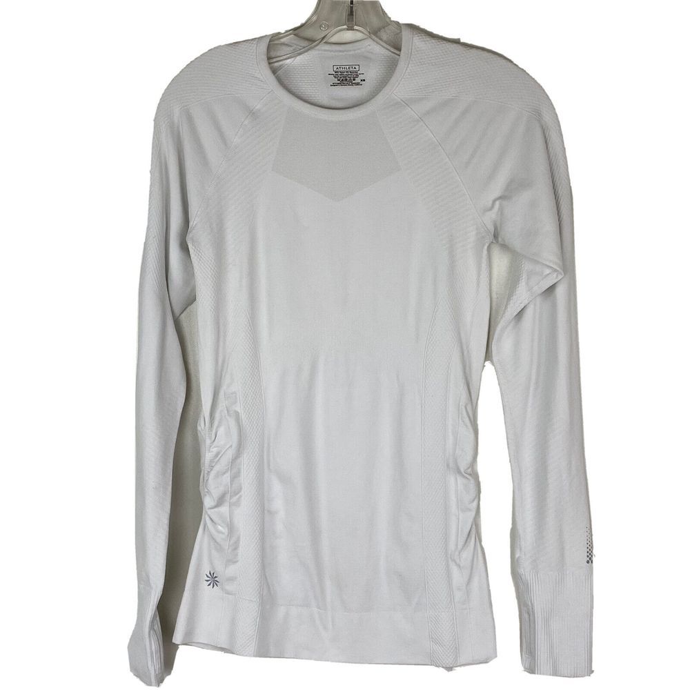 ATHLETA Womens Long Sleeve Side Rouched‎ White Running Shirt Size XS Thumbholes